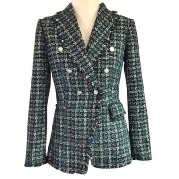 Rachel Zoe Jackets & Blazers - Rachel Zoe Tweed Green Tartan Plaid Blazer